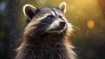 ai generiert ein Waschbär Sitzung auf ein Felsen im das Wald foto