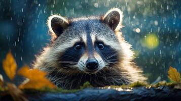 ai generiert ein Waschbär Sitzung auf ein Felsen im das Wald foto