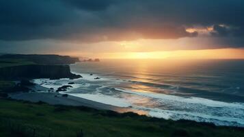 ai generiert regnerisch Küsten Sonnenaufgang Ansichten Hintergrund foto