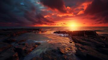 ai generiert regnerisch Küsten Sonnenuntergang Hintergrund foto
