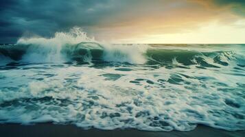 ai generiert regnerisch Küsten Wellen Hintergrund foto