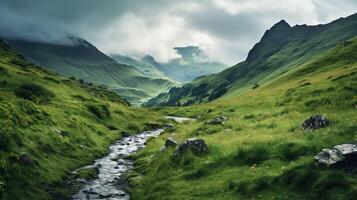 ai generiert regnerisch Hügel Wanderungen Hintergrund foto