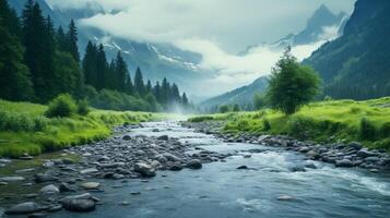 ai generiert regnerisch Flussufer Schönheit Hintergrund foto