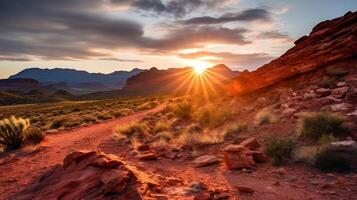 ai generiert rot Felsen Schlucht beim Sonnenaufgang Landschaft Hintergrund foto