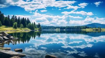 ai generiert ein Fluss fließend durch ein Grün Wald foto