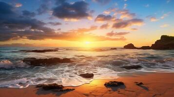 ai generiert romantisch Strand Sonnenaufgang Hintergrund foto