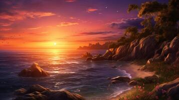 ai generiert romantisch Sonnenuntergang durch das Strand Hintergrund foto