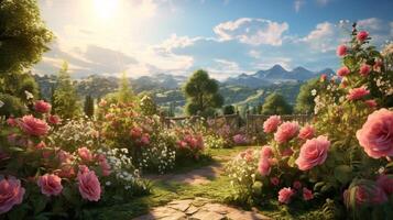 ai generiert Rosmarin Rose Garten Glückseligkeit Hintergrund foto