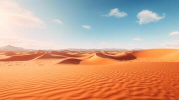 ai generiert Wüste Landschaft mit Sand Dünen und Berge beim Sonnenuntergang foto