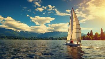 ai generiert Segeln Boot auf See mit Bäume und Berge foto