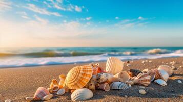 ai generiert Muscheln auf das Strand Hintergrund foto