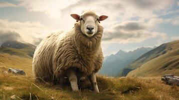 ai generiert ein Schaf steht auf ein Hügel mit Blick auf ein Senke foto