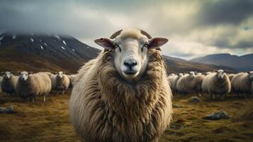 ai generiert ein Schaf ist Stehen im ein Feld mit andere Schaf foto