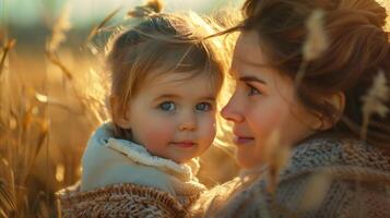 ai generiert zärtlich Moment zwischen Mutter und Kind im golden Feld foto