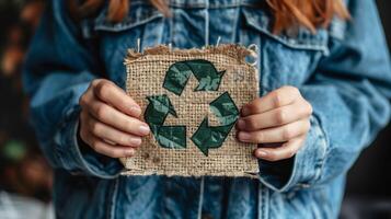 ai generiert Person halten ein Sackleinen recyceln Symbol zum Nachhaltigkeit foto