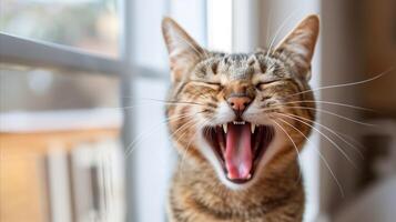 ai generiert froh Tabby Katze Gähnen durch das Fenster im natürlich Licht foto