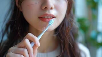ai generiert Frau üben Oral Hygiene mit Zahnbürste beim Zuhause foto