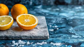 ai generiert frisch Orangen auf ein Marmor Tafel mit ein chaotisch Wasser Hintergrund foto