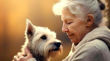 ai generiert schön alt Dame und Hund Nahansicht Porträt. Freundschaft und zärtlich Gefühle zwischen Mensch und Tier Konzept. ai generiert Illustration. foto