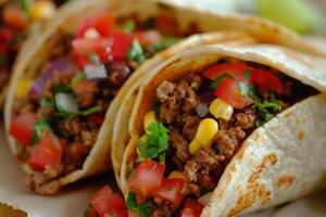 ai generiert Nahansicht von ein köstlich Mexikaner Burrito gefüllt mit Rindfleisch, Gemüse, Mais, und Käse eingewickelt im ein Tortilla foto
