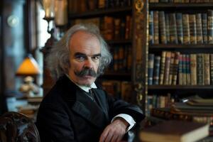 ai generiert viktorianisch Gentleman im ein Bibliothek unter Bücher präsentieren historisch Porträt und Kostüm mit Schnurrbart foto