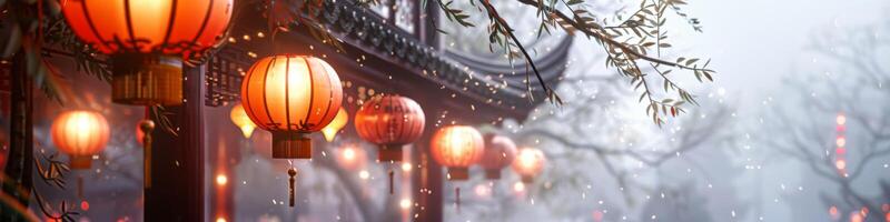 ai generiert traditionell rot Chinesisch Laternen glühen während ein schneebedeckt Festival Dekoration Feier foto