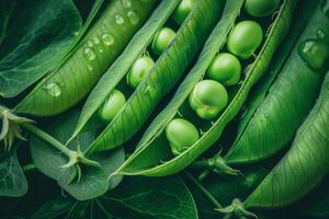 ai generiert frisch Grün Erbsen im Schoten mit Tröpfchen abbilden organisch Gemüse und gesund Landwirtschaft produzieren foto