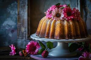 ai generiert Bundt Kuchen mit Dessert Blumen und Rosa Süßwaren auf ein dunkel Hintergrund foto