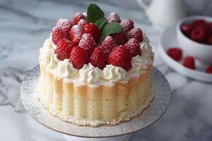 ai generiert Chiffon Kuchen Dessert mit Himbeeren, ausgepeitscht Creme, und Süßwaren Süße auf Schwamm Gebäck foto