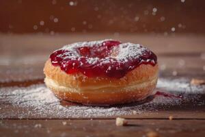 ai generiert Gelee Krapfen mit pulverisiert Zucker ist ein Dessert Gebäck behandeln mit ein Süss Beere Belag foto