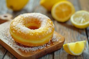 ai generiert Zitrone Krapfen mit Zucker auf ein hölzern Tafel umgeben durch Gelb Zitrusfrüchte Scheiben und beschwingt Dessert Farben foto