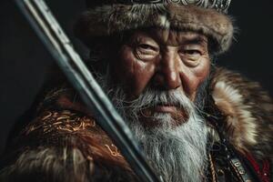 ai generiert Krieger Dschingis Khan abgebildet wie ein historisch Mongol Führer im traditionell Kleidung mit ein heftig Blick foto