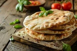 ai generiert Pita-Brot Brot gestapelt mit frisch Basilikum und Tomaten auf hölzern Tabelle mit Mittelmeer Küche foto