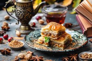 ai generiert Baklava Dessert mit Tee Süss Gebäck auf ein traditionell Türkisch Jahrgang Rahmen foto