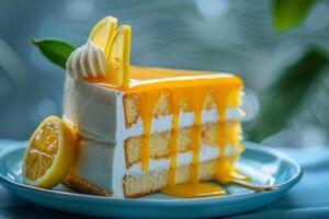 ai generiert Zitrone Nieselregen Kuchen mit beschwingt Gelb Glasur auf ein frisch Dessert Teller foto