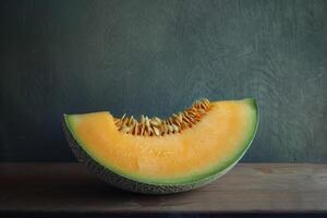 ai generiert saftig Cantaloup-Melone Scheibe auf hölzern Tabelle mit reif Grün Melone Hintergrund foto