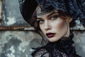 ai generiert elegant Modell- im gotisch Mode mit ein Porträt von Schönheit und Eleganz tragen dunkel bilden und Spitze Hut foto