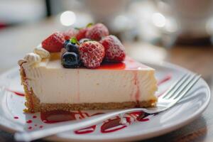 ai generiert Käsekuchen mit Beeren Dessert auf ein Teller mit ein Süss cremig Scheibe mit Erdbeeren und Blaubeeren foto