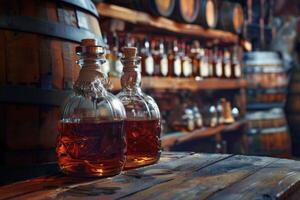 ai generiert Jahrgang Whiskey Flaschen auf ein hölzern Bar mit alt Fässer und ein rustikal Atmosphäre foto