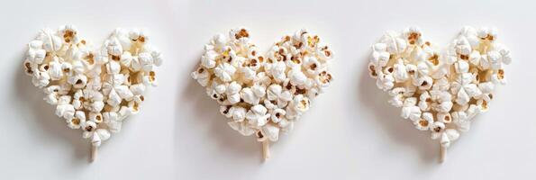 ai generiert Popcorn Herzen vereinbart worden auf ein Weiß Hintergrund hervorrufen Snack Liebe und ein kreativ Essen Konzept foto