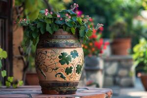 ai generiert Keramik Fass mit dekorativ Pflanze Design im ein Garten Rahmen foto