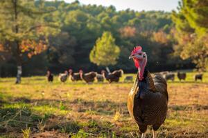 ai generiert Truthahn im ein Bauernhof Rahmen mit andere Tiere, präsentieren Landwirtschaft und Vogel Vielfalt im ein pastoral ländlich Landschaft foto