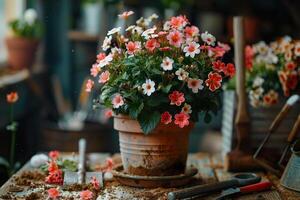 ai generiert beschwingt eingetopft Blumen mit Gartenarbeit Werkzeug. generativ ai. foto