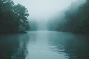 ai generiert ein heiter Fluss verhüllt im Nebel, flankiert durch üppig Bäume. generativ ai. foto