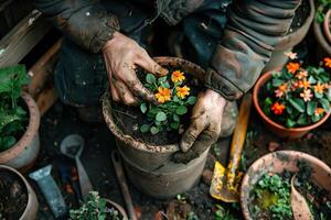 ai generiert Hände Pflanzen Blumen im ein Eintopfen Werkstatt. generativ ai. foto