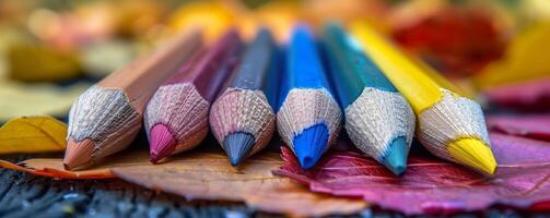 ai generiert geschärft farbig Bleistifte im Herbst Schatten Lügen oben auf gefallen Blätter. generativ ai. foto