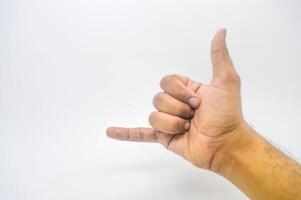 Telefon Hand Geste isoliert auf Weiß Hintergrund foto