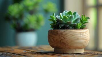ai generiert ein klein saftig Pflanze sitzt auf das Tisch. Komplett mit eingetopft Pflanzen und klein Blätter. foto