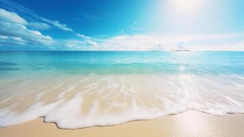 ai generiert sandig Strand. heiß Sommer- Tag durch das Meer. Blau Ozean, schaumig Wellen. Seelandschaft Paradies. ai generativ foto