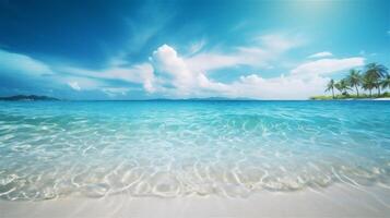 ai generiert Sommer- Hintergrund mit Blau Ozean und sandig Strand. heiß sonnig Tag auf Insel mit Palme Bäume. klar Blau Meer Wasser. ai generativ foto